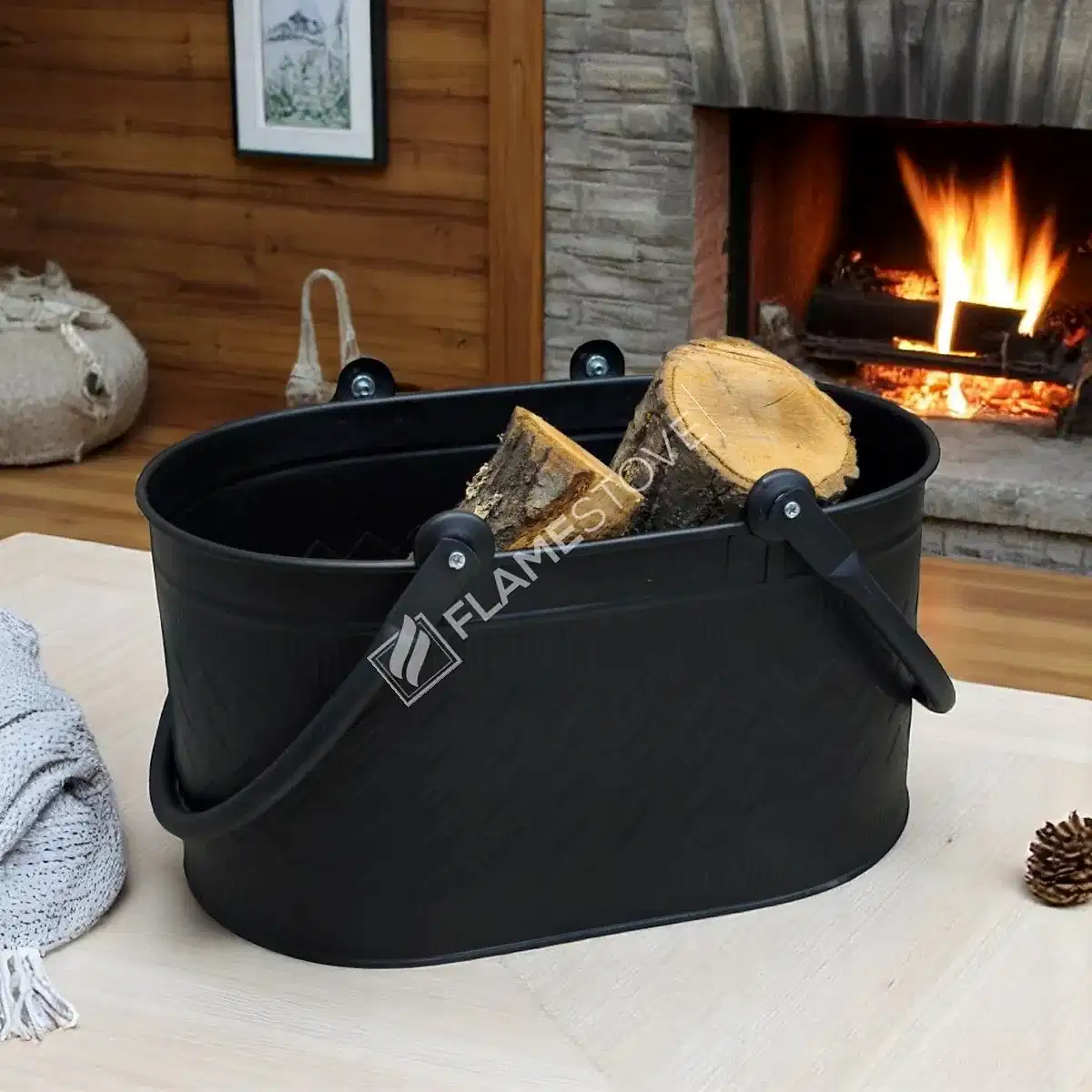 Dayanıklı Mat Siyah Oval Odun Kovası, Çift Kulplu, İç ve Dış Mekan Kullanımı