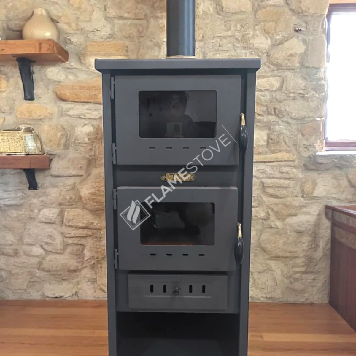 Flame Stove Yüksek Verimli Fırınlı Çelik Dış Yüzey Ateş Tuğlalı Soba Seti Maşa ve Odunluklu