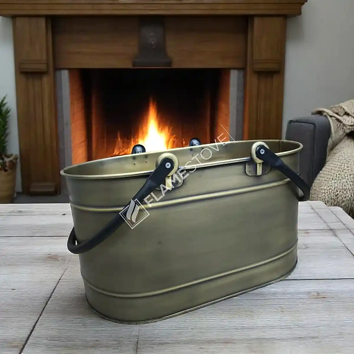 Çift Kulplu Gold Oval Odun Kovası, Dayanıklı Metal Şömine Odunluğu, Dekoratif ve Taşınabilir